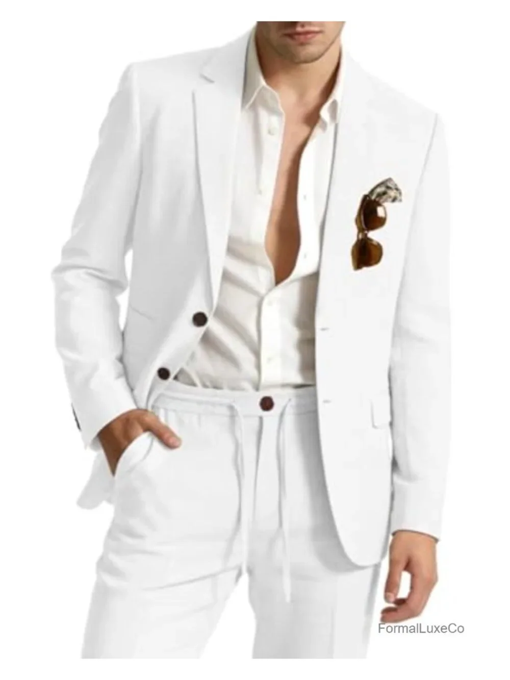 Men's 2-Piece Linen Suit Set Slim Fit Drawstring Pants Casual Wedding Outfit